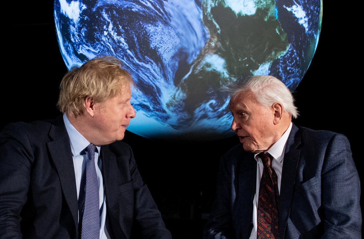 The Prime Minister Boris Johnson (left) and Sir David Attenborough at the launch of the next COP26 UN Climate Summit at the Science Museum, London.