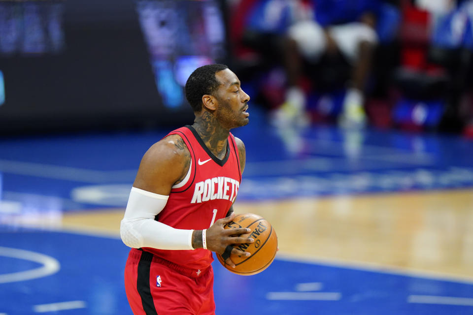 Houston Rockets' John Wall plays during an NBA basketball game against the Philadelphia 76ers, Wednesday, Feb. 17, 2021, in Philadelphia. (AP Photo/Matt Slocum)