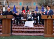 Afghanistan's President Ashraf Ghani speaks as U.S. Defense Secretary Mark Esper looks on during a news conference in Kabul