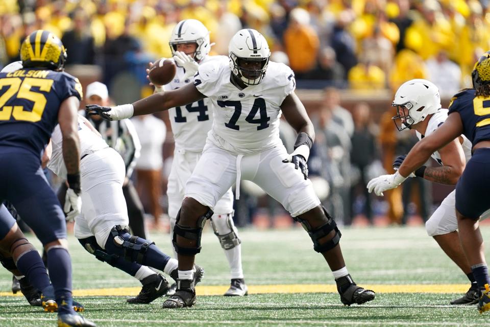 Penn State offensive lineman Olumuyiwa Fashanu (74) plays against Michigan in the second half of an NCAA college football game in Ann Arbor, Mich., Saturday, Oct. 15, 2022.