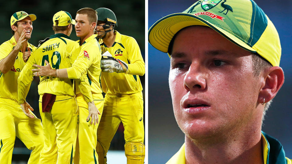 Adam Zampa celebrates with his teammates and Zampa reacting during a match.