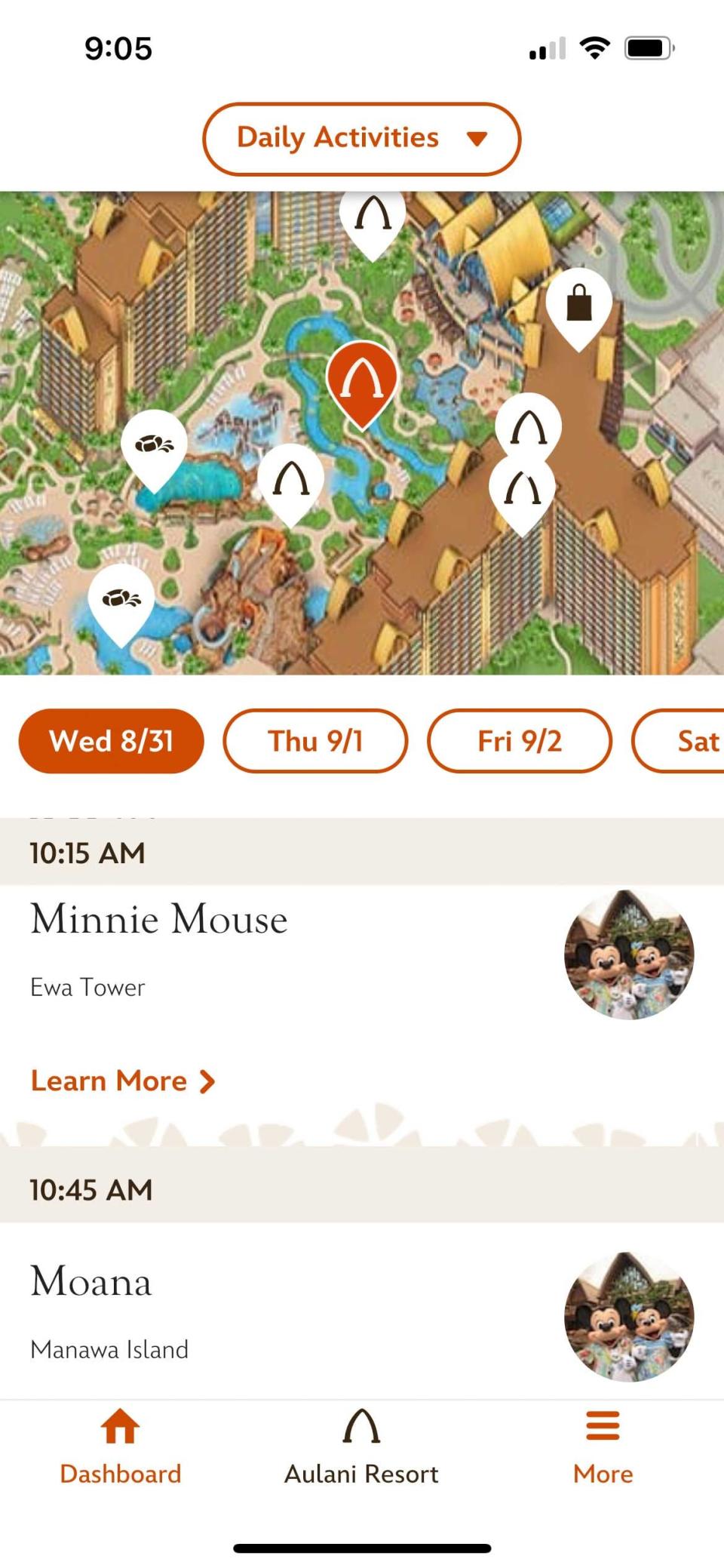 A screenshot of the Disney Aulani app with activities listed.