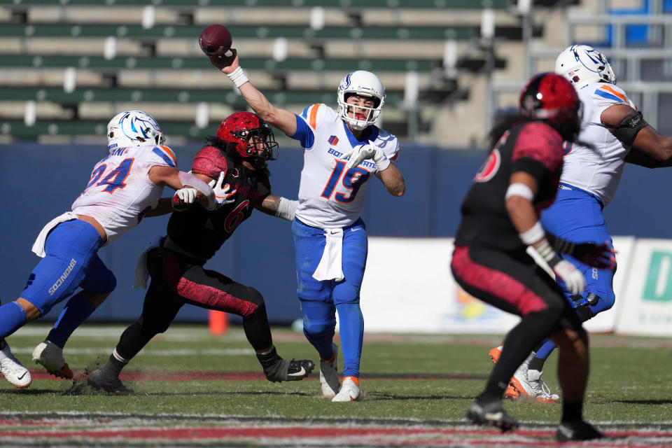 Nov. 26, 2021; Carson, California; Boise State Broncos quarterback Hank Bachmeier (19) throws the ball against the San Diego State Aztecs in the second half at Dignity Health Sports Park. San Diego State defeated Boise State 27-16. Kirby Lee-USA TODAY Sports