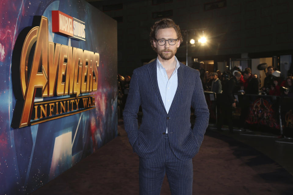 FILE - Tom Hiddleston arrives at the "Avengers: Infinity War" fan event in London, Sunday, April 8, 2018. Hiddleston turns 42 on Feb. 9. (Photo by Joel C Ryan/Invision/AP, File)