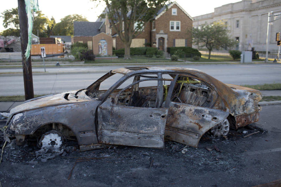 KENOSHA, WISCONSIN - SEPTEMBER 2: A week after rioting in response to the police shooting of Jacob Blake, the rubble of burned cars still decorate downtown, September 2, 2020 on Kenosha, Wisconsin. (Photo by Andrew Lichtenstein/Corbis via Getty Images)