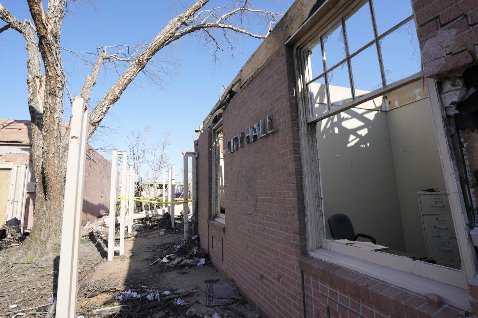 Many public structures like the Rolling Fork City Hall were destroyed by the March 24 killer tornado that destroyed much of the Mississippi Delta town and county seat for Sharkey County, as photographed March 29, 2023. Many communities are in the midst of cleanup. (AP Photo/Rogelio V. Solis)