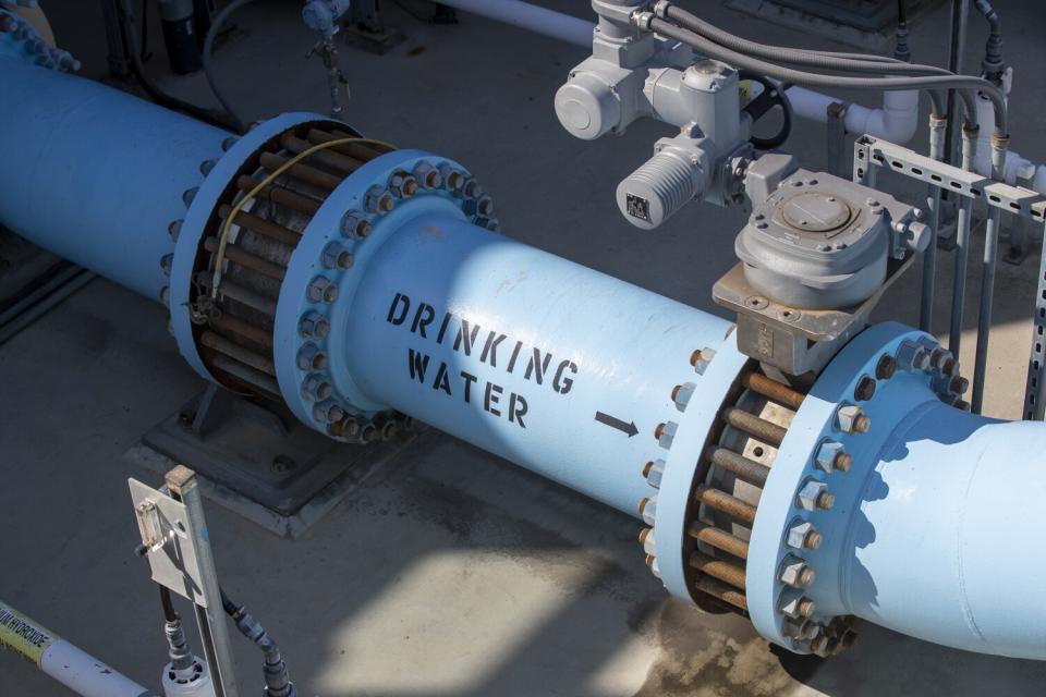 A view of a water pipe in the post-treatment section of the Claude "Bud" Lewis Carlsbad Desalination Plant in Carlsbad.