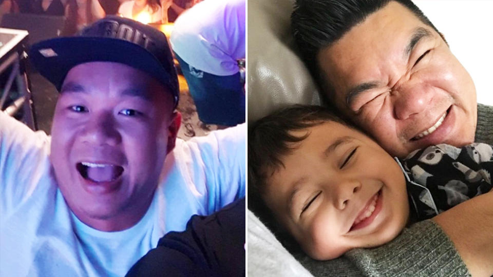 Mr Nguyen at a nightclub smiling with friends (left) and with his son (right)