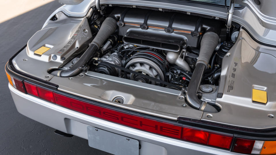 The 2.85-liter turbocharged flat-six engine inside a 1987 Porsche 959 Komfort.