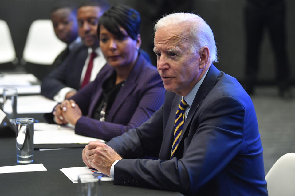Former Vice President and 2020 Democratic presidential candidate Joe Biden visits with an assembly of Southern black mayors Thursday, Nov. 21, 2019 in Atlanta. (AP Photo/John Amis)