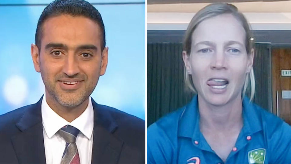 Host Waleed Aly awkwardly confused Aussie women's cricket captain Meg Lanning with her teammate Ash Gardner during an interview on The Project. Pic: Channel 10