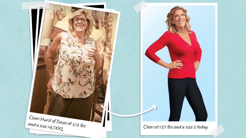 Before and after of Cheri Hurst who lost 86 lbs with lazy keto meals