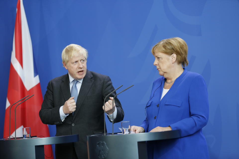 Chancellor Angela Merkel and Boris Johnson at the press conference. Prime Minister Johnson comes to Berlin for his inaugural visit. In a joint discussion will be the Brexit Agreement, other European political and international issues in Berlin, Germany on August 21, 2019. (Photo by Simone Kuhlmey / Pacific Press/Sipa USA)