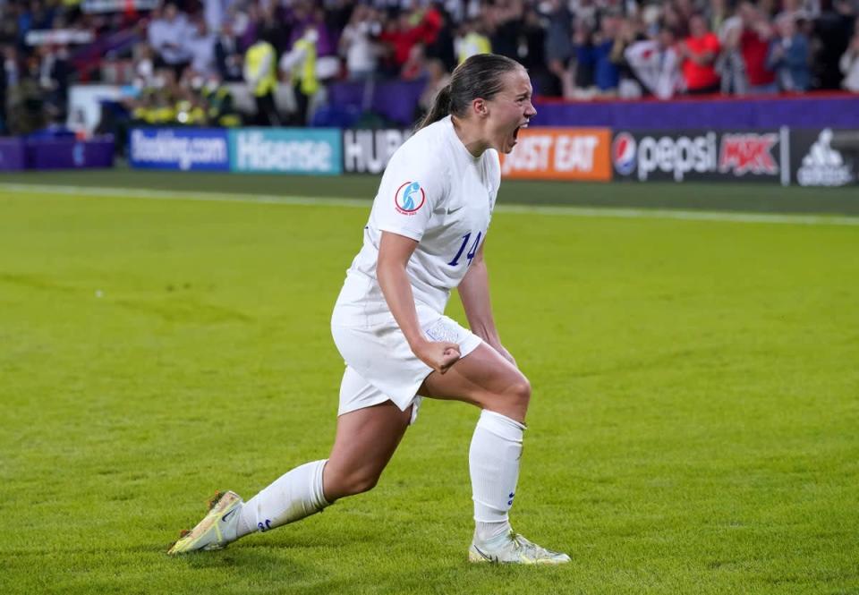 England’s Fran Kirby celebrates scoring their side’s fourth goal of the game during the Women’s Euro 2022 semi-final match at Bramall Lane in Sheffield (Danny Lawson/PA) (PA Wire)