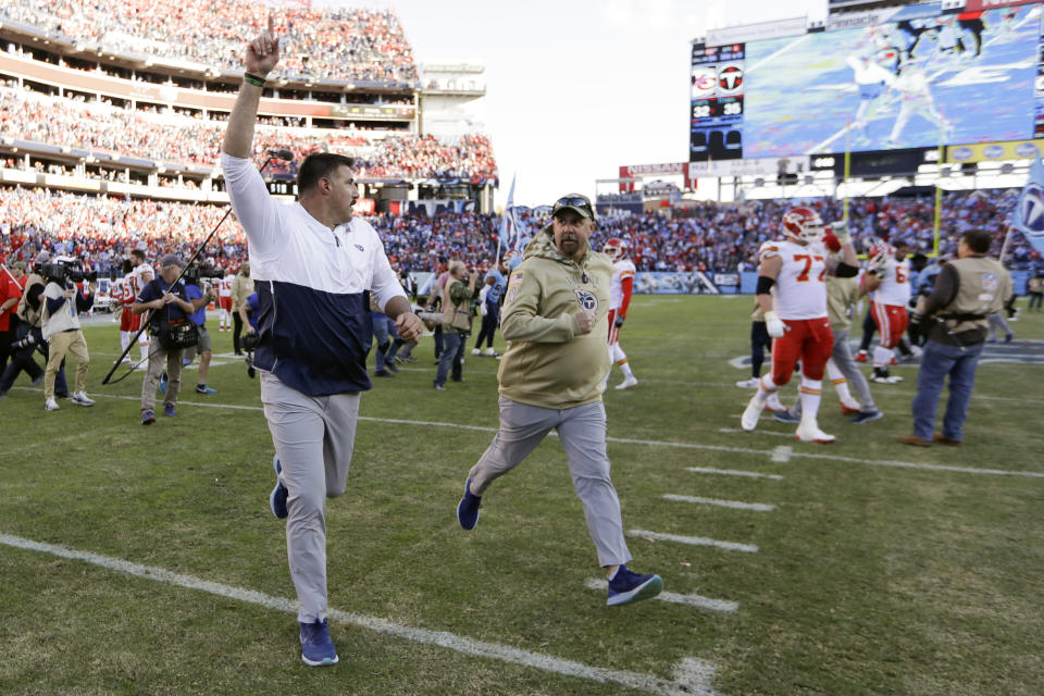 Tennessee Titans head coach Mike Vrabel runs off the field after an NFL football game against the Kansas City Chiefs Sunday, Nov. 10, 2019, in Nashville, Tenn. The Titans won 35-32. (AP Photo/James Kenney)