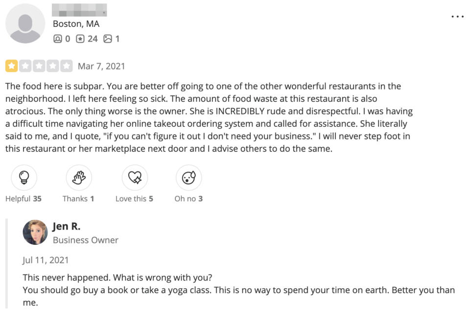 Review of restaurant with negative feedback on food waste and rude management with response from jen saying to "take a yoga class"