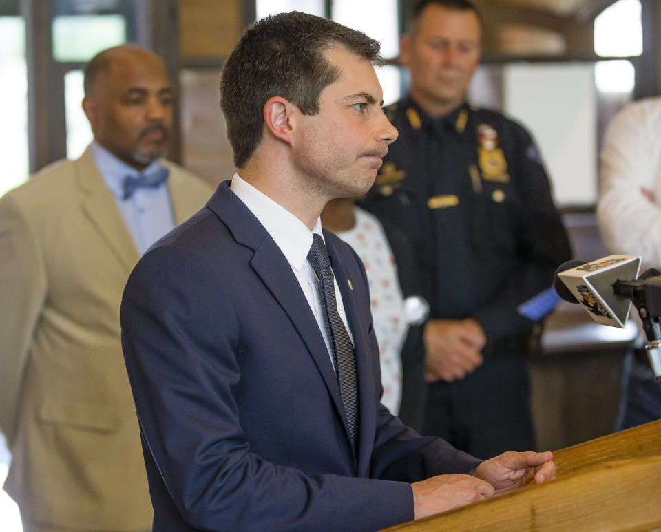 Democratic Presidential candidate and South Bend, Indiana Mayor Pete Buttigieg speaks alongside community leaders during a press conference Wednesday, June 19, 2019 at the Civil Rights Heritage Center in South Bend, Indiana. (Michael Caterina/South Bend Tribune via AP)