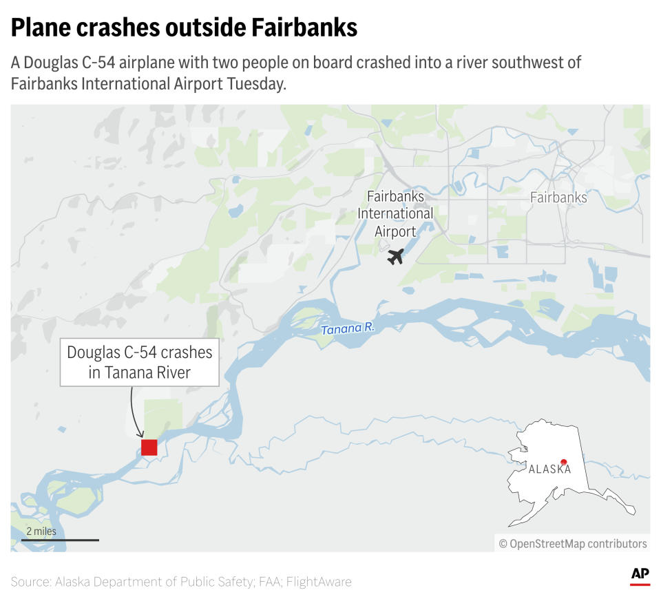 A twin-engine plane crashed outside Fairbanks Tuesday. (AP Graphic)