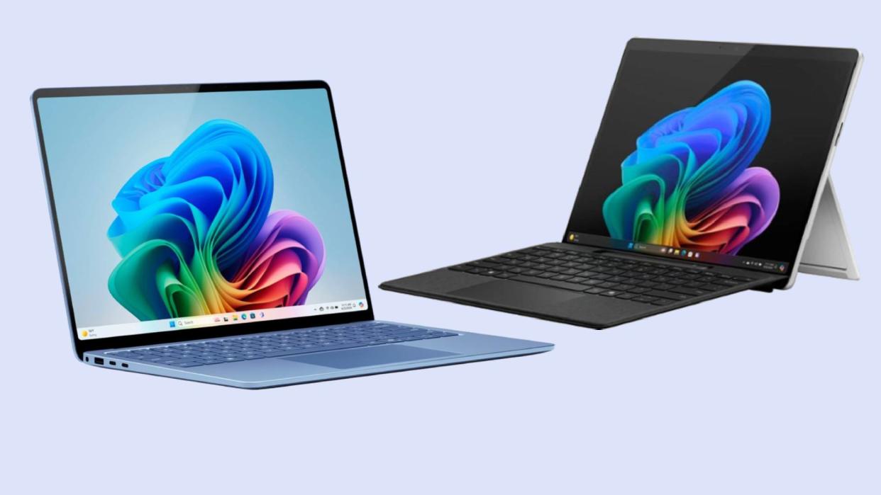  Blue Surface Laptop 7 and black Surface Pro 11 against blue background. 