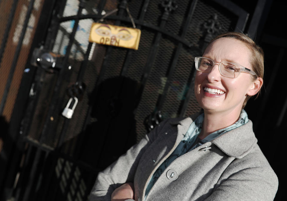 Lisa Raville, executive director of the Harm Reduction Action Center, is shown outside the safe injection site across Colfax Avenue from the State Capitol Tuesday, Nov. 27, 2018, in Denver. (AP Photo/David Zalubowski)