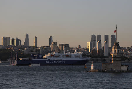 Denmark's DFDS owned Kaunas Seaways sets sail in the Bosphorus Straight, on its way to the Black Sea, in Istanbul, Turkey, September 14, 2017. REUTERS/Huseyin Aldemir