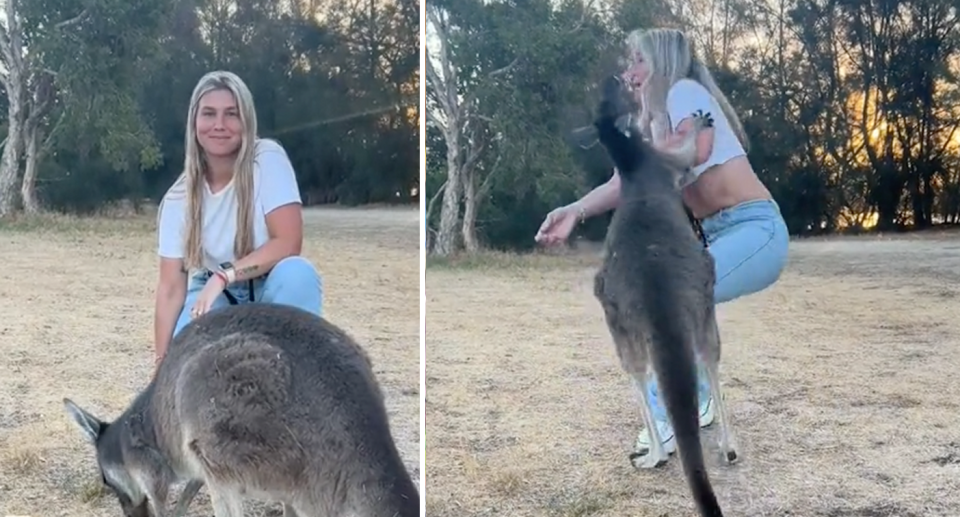The tourist smiles while crouching behind the kangaroo in Perth (left) before it stood up and pushed her, forcing her backwards almost losing her footing (right). 