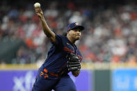 Houston Astros starting pitcher Luis Garcia throws against the Cleveland Guardians during the first inning of a baseball game Monday, May 23, 2022, in Houston. (AP Photo/David J. Phillip)