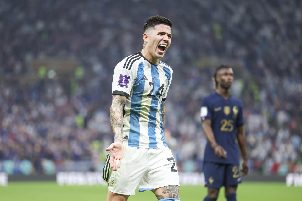 LUSAIL CITY, QATAR - DECEMBER 18: Enzo Fernandez of Argentina reacts to the fans during the FIFA World Cup Qatar 2022 Final match between Argentina and France at Lusail Stadium on December 18, 2022 in Lusail City, Qatar. (Photo by Maja Hitij - FIFA/FIFA via Getty Images)