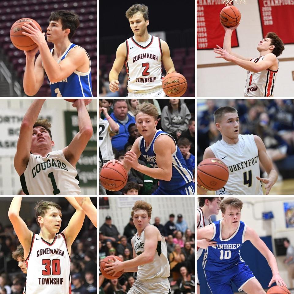 Members of the 2023-24 Daily American Somerset County Boys Basketball All-Star Team include, bottom row, from left, Conemaugh Township's Ethan Matera, North Star's Ethan Smith, Windber's Tanner Barkley, middle row, North Star's Brady Weimer, Windber's Grady Klosky, Turkeyfoot Valley's Bryce Nicholson, top row, Berlin Brothersvalley's Craig Jarvis, Conemaugh Township's Jon Updyke and Colin Dinyar.