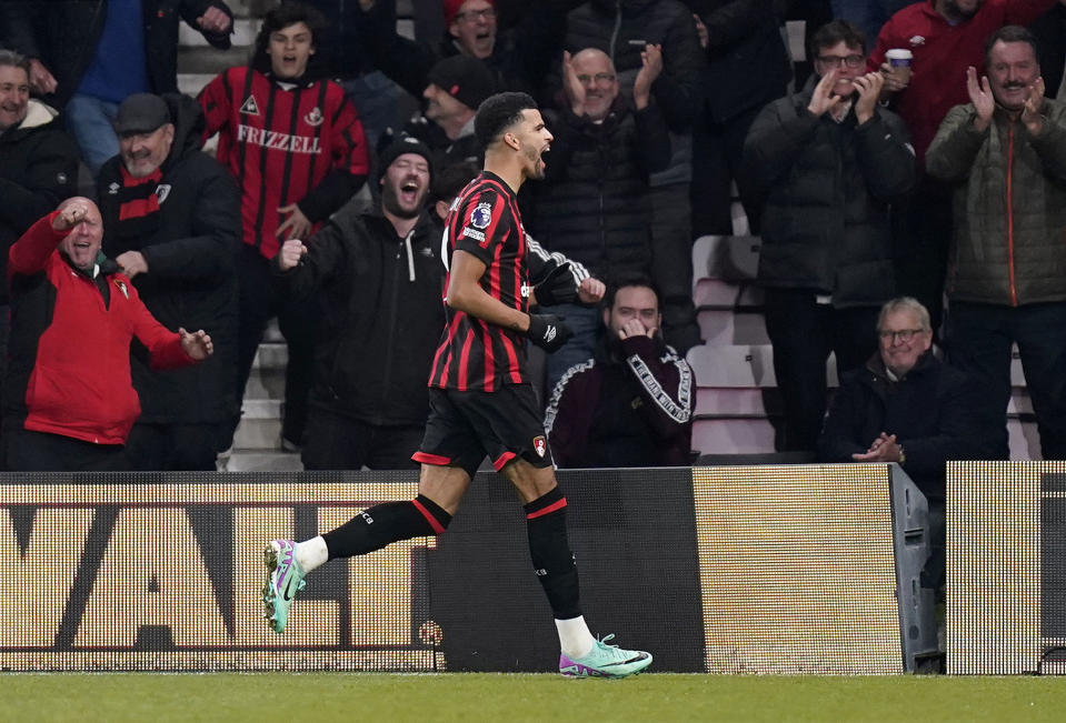 Bournemouth's Dominic Solanke celebrates scoring their side's first goal of the game during the English Premier League soccer match between Bournemouth and Newcastle United, at the Vitality Stadium, in Bournemouth, England, Saturday, Nov. 11, 2023. (Andrew Matthews/PA via AP)