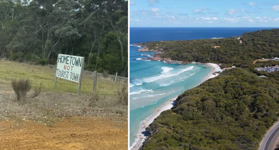 Left image of the sign erected on property reading 'hometown not tourist town'. Right image of the Denmark WA coastline.