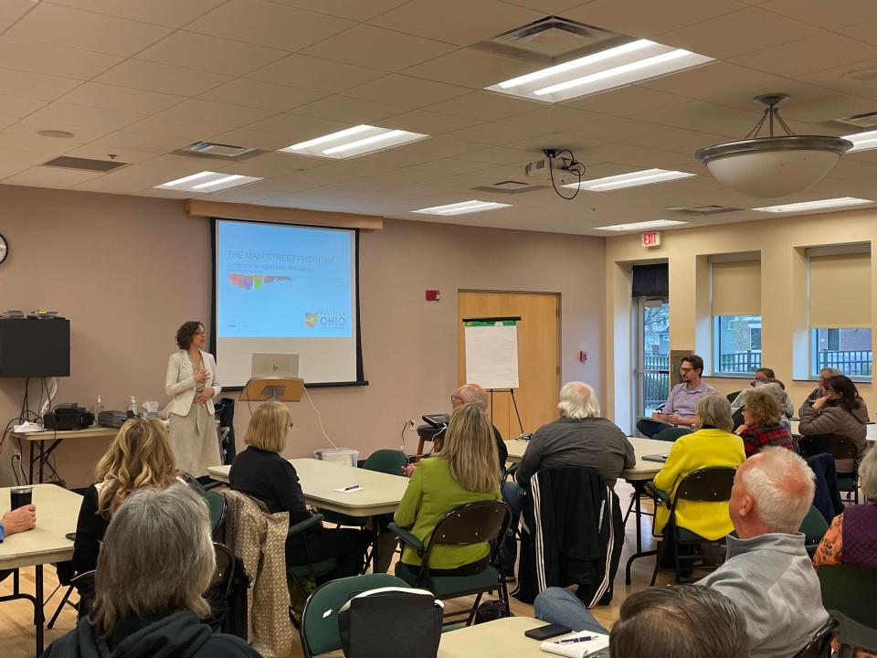 Frances Jo Hamilton, director of revitalization with Heritage Ohio, introduces the Main Street program April 26, 2022, at the YMCA Active Adult Center in Barberton.