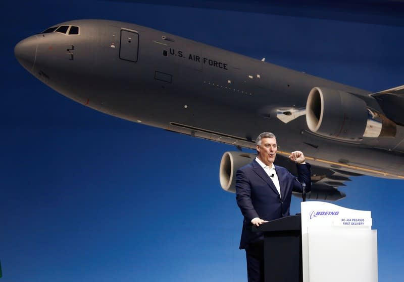 President and CEO of Boeing Commercial Airplanes McAllister cheers during a delivery celebration of the Boeing KC-46 Pegasus aerial refueling tanker to the U.S. Air Force in Everett