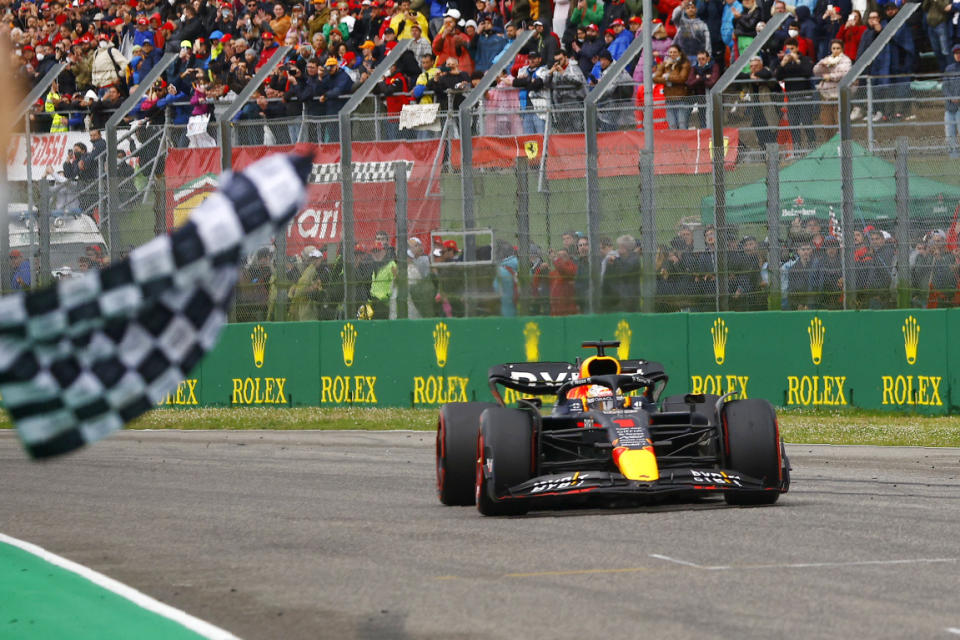 Red Bull driver Max Verstappen of the Netherlands crosses the finish line as he wins the Emilia Romagna Formula One Grand Prix, at the Enzo and Dino Ferrari racetrack in Imola, Italy, Sunday, April 24, 2022. (Guglielmo Mangiapane, Pool via AP)