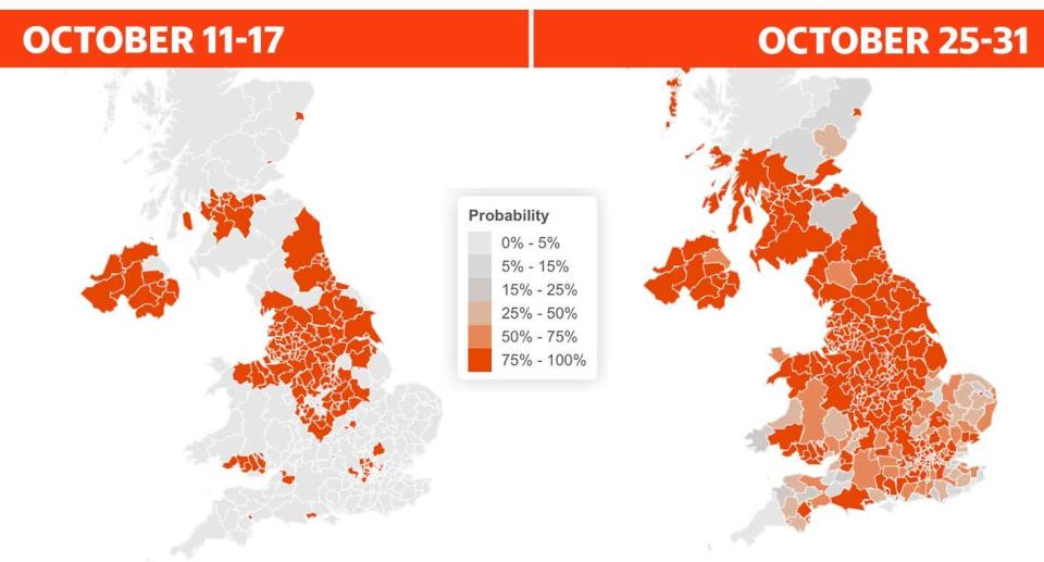 The map shows where in the country will likely have more than 100 cases per 100,000. The deeper the shade of orange the higher the probability.