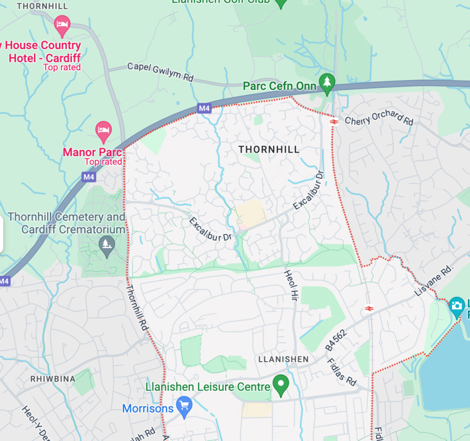 The tent was set on fire in the green belt between Llanishen and Thornhill in North Wales (Google Maps)