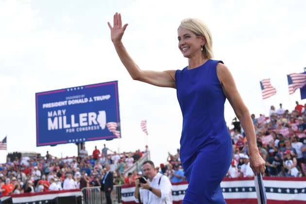 Rep. Mary Miller waves to the crowd at a rally with former President Donald Trump on Saturday. Miller beat five-term Rep. Rodney Davis to be the Republican nominee in Illinois' newly drawn 15th District. (Photo: Michael B. Thomas via Getty Images)