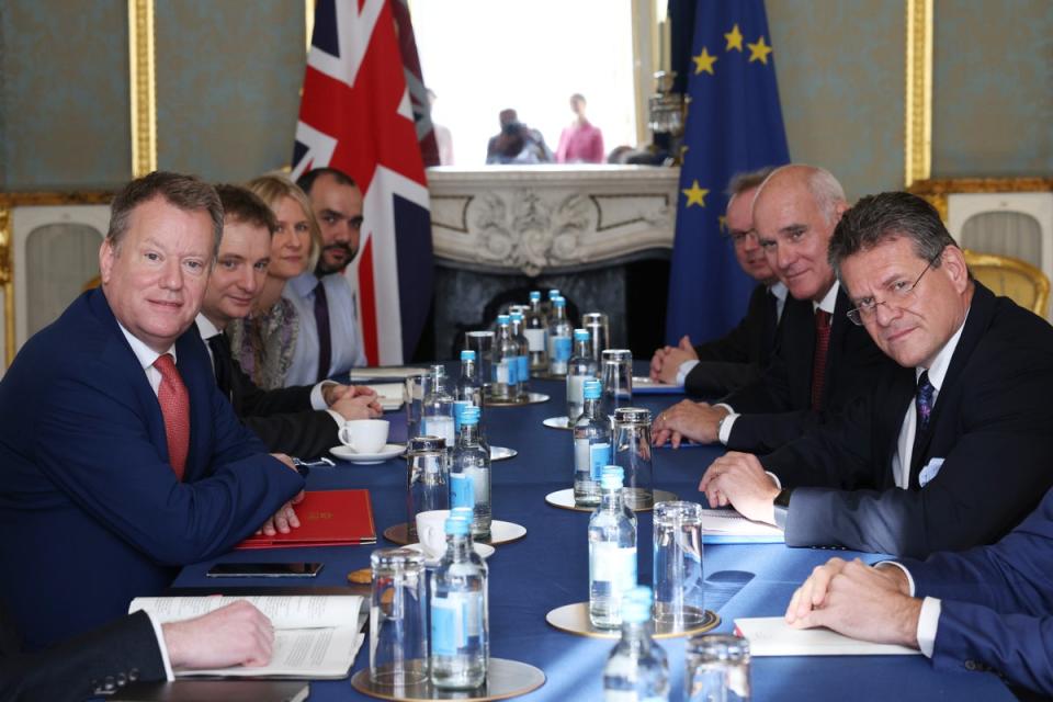 Brexit Minister Lord Frost and European Commission Vice President Maros Sefcovic during talks to improve post-Brexit border rules (Dan Kitwood/PA) (PA Archive)