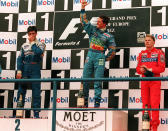 SPAIN - OCTOBER 16: FORMEL 1: GP VON EUROPA 1994 in Jerez 16.10.94, Damon HILL (2. Williams Renault) Michael SCHUMACHER (1. Benetton Renault), Mika HAEKKINEN (3. McLaren Peugeot) (Photo by Mark Sandten/Bongarts/Getty Images)