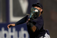 Cleveland Indians right fielder Harold Ramirez catches a fly ball from New York Yankees' Gary Sanchez for an out in the ninth inning of a baseball game, Saturday, Sept. 18, 2021, in New York. (AP Photo/John Minchillo)