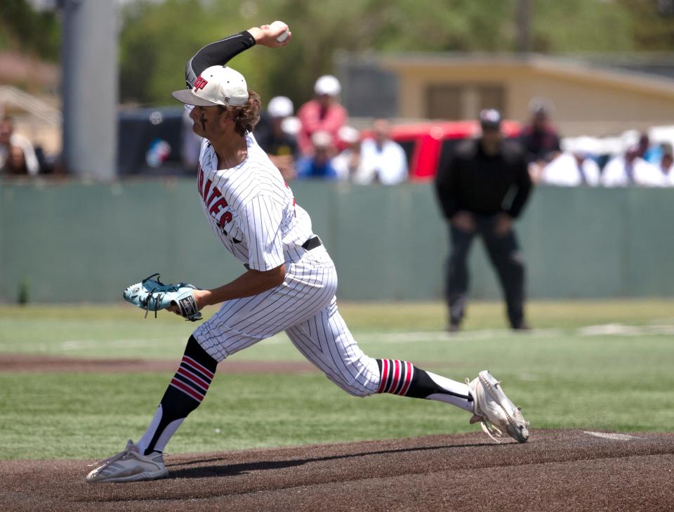 Lubbock-Cooper's Colton Klemke pitches against Randall in the Region I-5A quarterfinal series, Saturday, May 21, 2022, at Wilder Park at Wayland Baptist University in Plainview. Lubbock-Cooper won, 9-1.