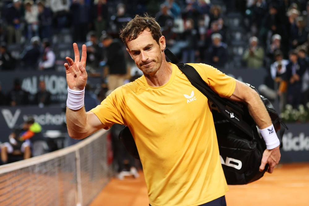 May 10, 2023, ROME: Fabio Fognini of Italy reacts during his men's singles  first round match against Andy Murray of Britain (not pictured) at the Italian  Open tennis tournament in Rome, Italy