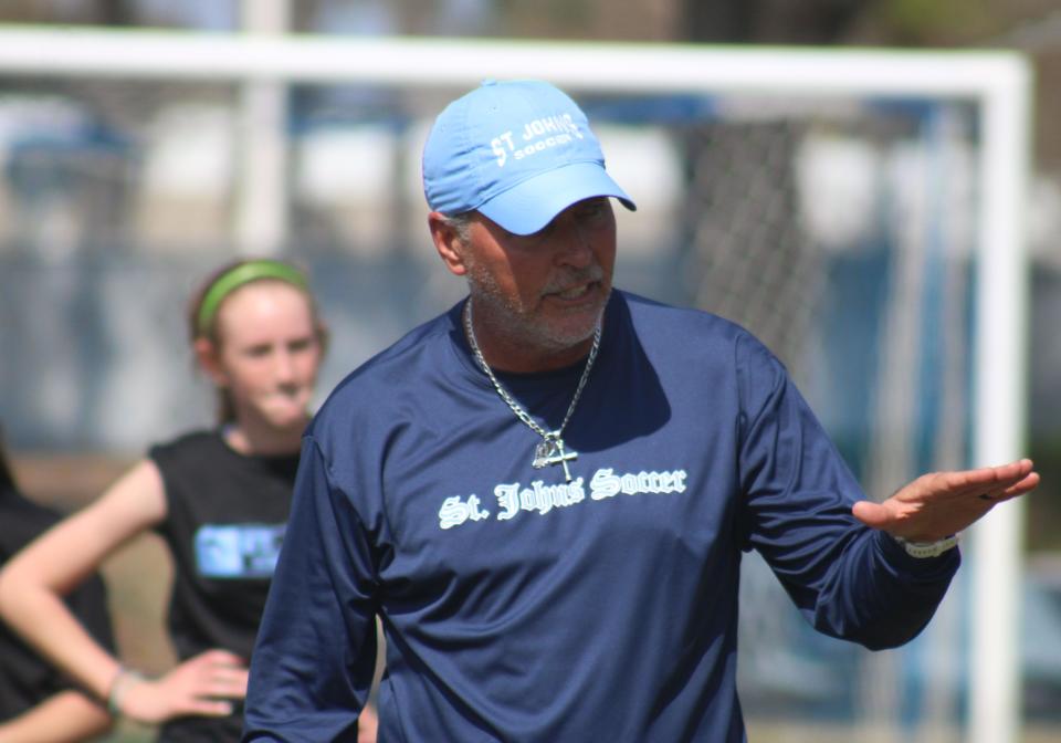 St. Johns Country Day coach Mike Pickett issues tactical instructions  during a high school girls soccer practice on February 21, 2022. [Clayton Freeman/Florida Times-Union]