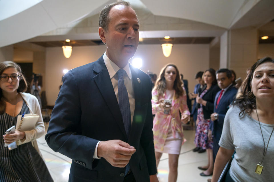 House Intelligence Committee Chairman Adam Schiff, D-Calif., departs after speaking to reporters after the panel met behind closed doors with national intelligence inspector general Michael Atkinson about a whistleblower complaint, at the Capitol in Washington, Thursday, Sept. 19, 2019. (AP Photo/J. Scott Applewhite)