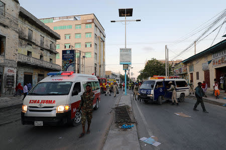 An ambulance arrives at the scene of an explosion in Mogadishu, Somalia September 22, 2018. REUTERS/Feisal Omar