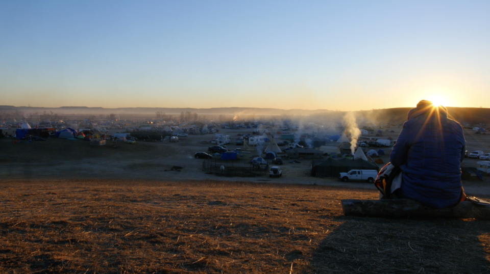 A still image from Sky Hopinka's 2017 film "Dislocation Blues," a portrait of the Standing Rock protest in North Dakota.