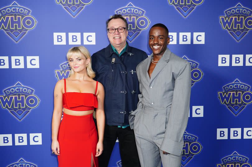 Millie Gibson, Russell T. Davies and Ncuti Gatwa, at the premiere of Doctor Who