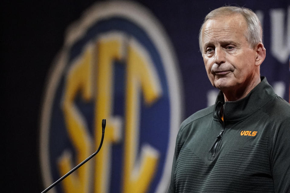 Tennessee NCAA college basketball head coach Rick Barnes speaks during Southeastern Conference Media Days, Wednesday, Oct. 18, 2023, in Birmingham, Ala. (AP Photo/Mike Stewart)