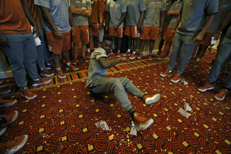 Texas Longhorns' Kobe Boyce dances Saturday Sept. 7, 2019 at the team hotel in Austin, Tx. ( Photo by Edward A. Ornelas )