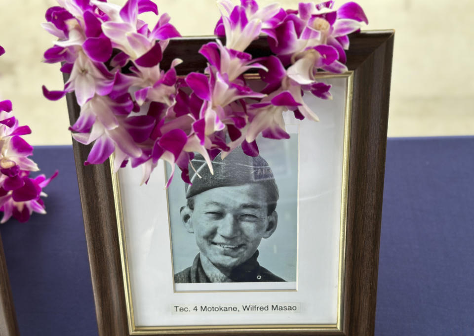 A photo shows Wildfred Motokane, who was posthumously awarded a Purple Heart medal, in Pearl Harbor, Hawaii, on Friday, May 10, 2024. The families of five Hawaii men who served in a unit of Japanese-language linguists during World War II received posthumous Purple Heart medals on behalf of their loved ones on Friday, nearly eight decades after the soldiers died in a plane crash in the final days of the conflict. (AP Photo/Audrey McAvoy)